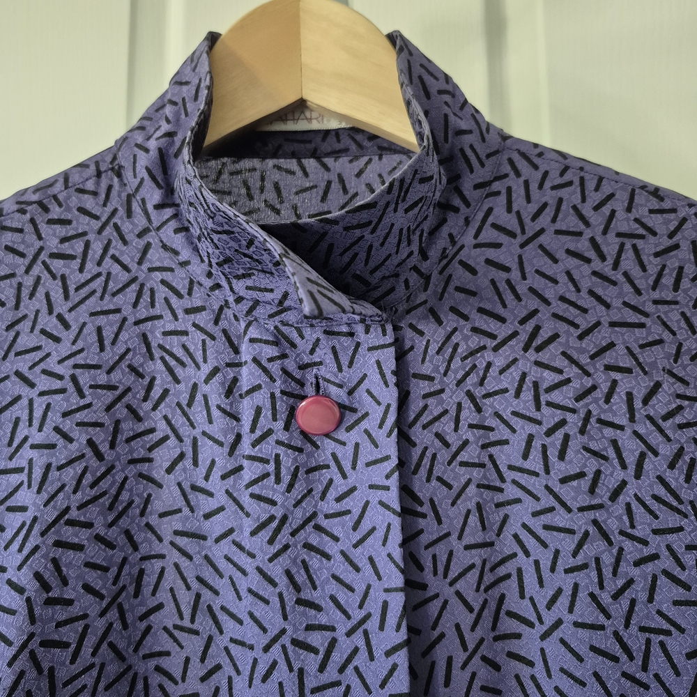Vintage 80s Tahari Purple + Black Patterned Silk Top | Fits Like M